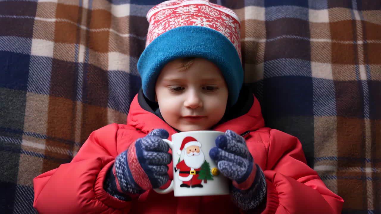 Child in winter clothing drinking from a Santa mug on a plaid blanket