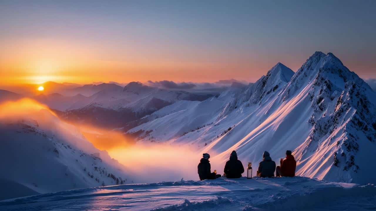 Enjoying a Breathtaking Sunset View from a Snow-Capped Mountain Peak, Friends Sharing Moments Together Amidst Stunning Rocky Peaks and Vibrant Colors of Twilight in the Winter Wilderness