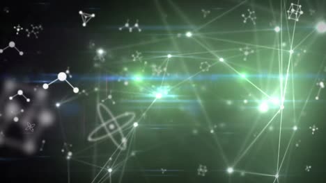 Animation-of-molecules-and-network-of-connections-over-black-background