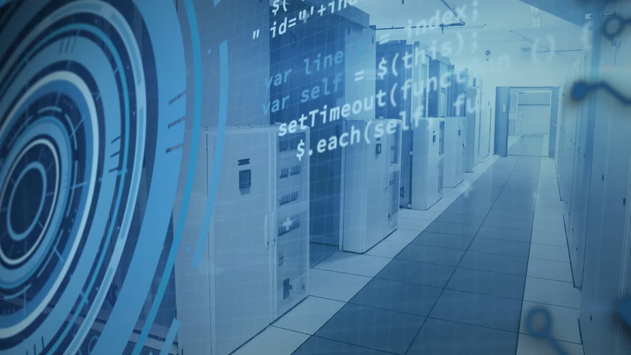 On HUD pulse, server racks staying still while HUD rings pulsing, code scrolling to show monitoring