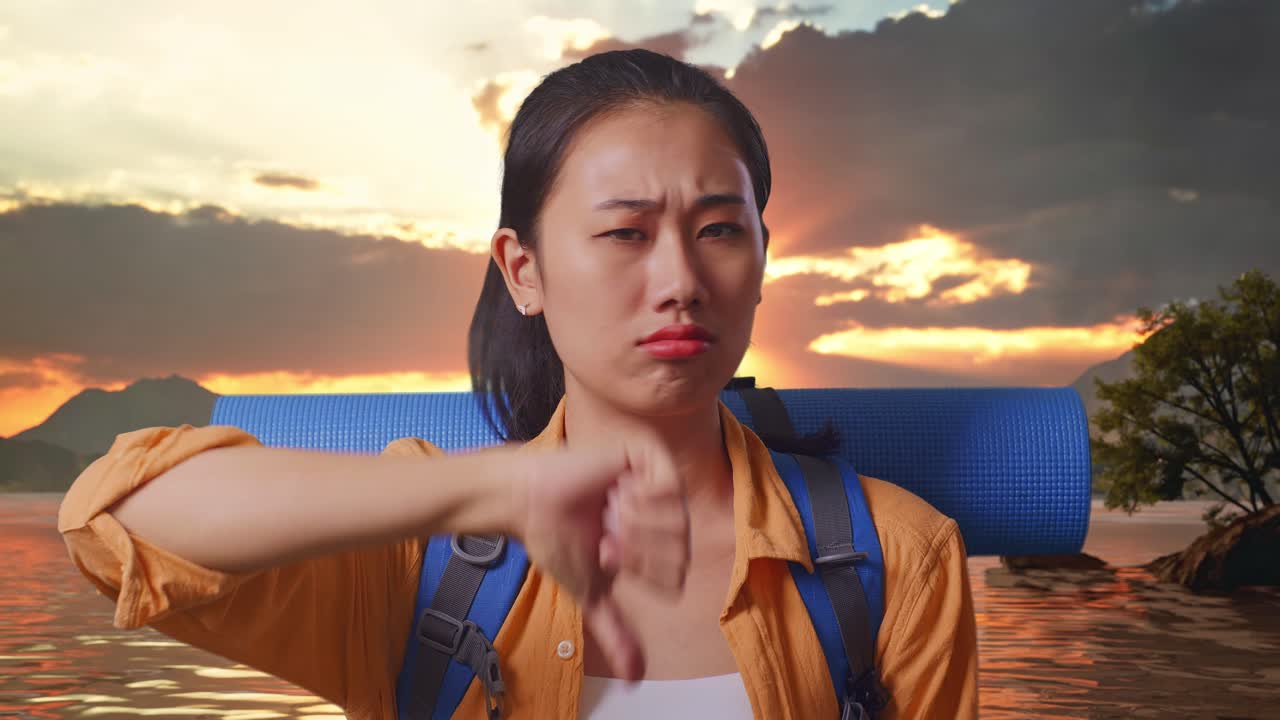 해가 지는 동안 실망한 여행자