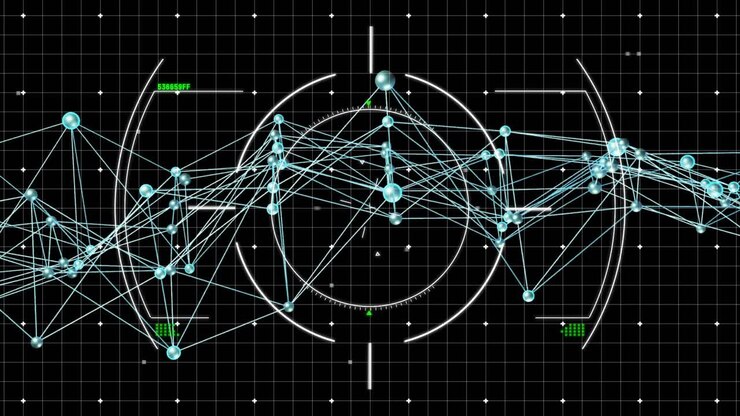 Scanning reticle appearing on data interface, pulsating nodes and blinking green readouts