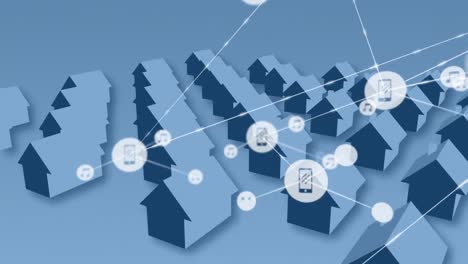 animation of network of connections over rows of house models