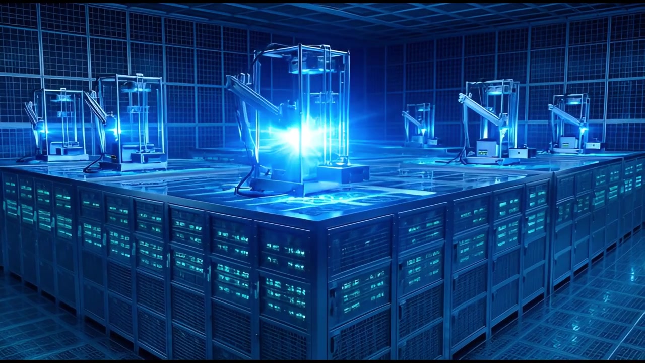 Futuristic Data Center with Robotic Arms and Glowing Servers