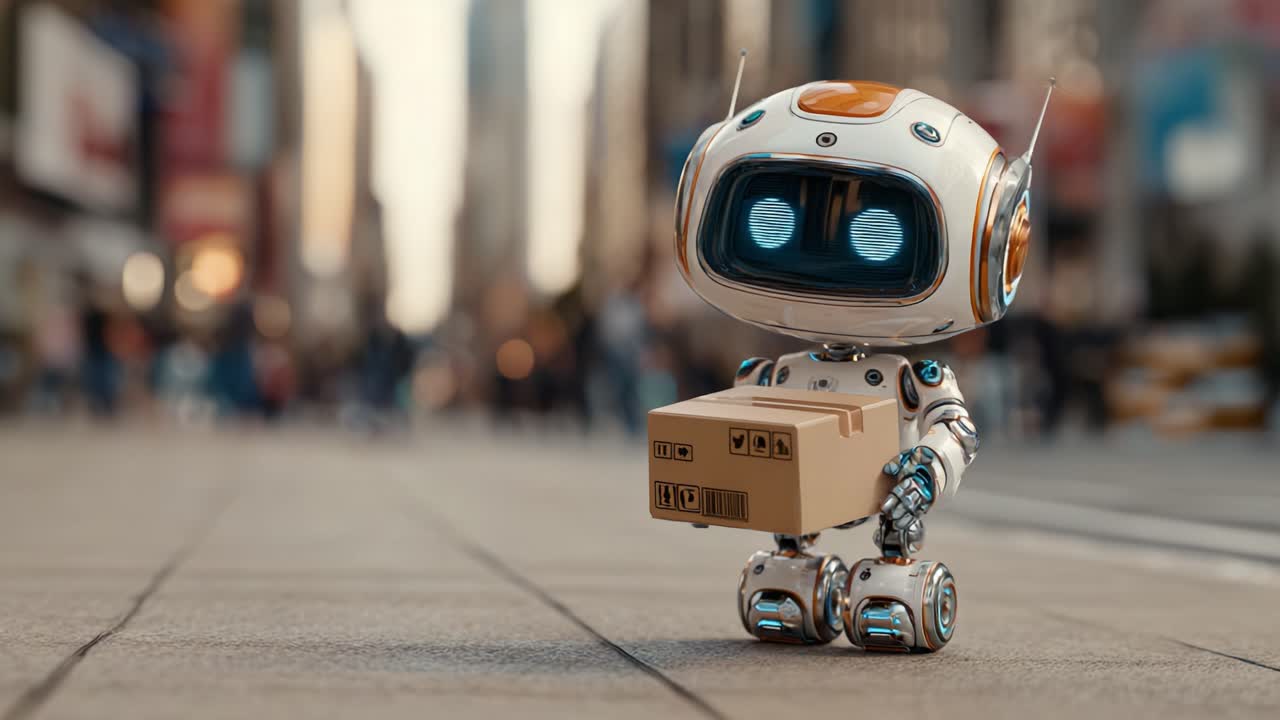 A Charming Miniature Robot Navigates a Busy City Street, Delivering Packages with Precision and Care in a Bustling Urban Environment