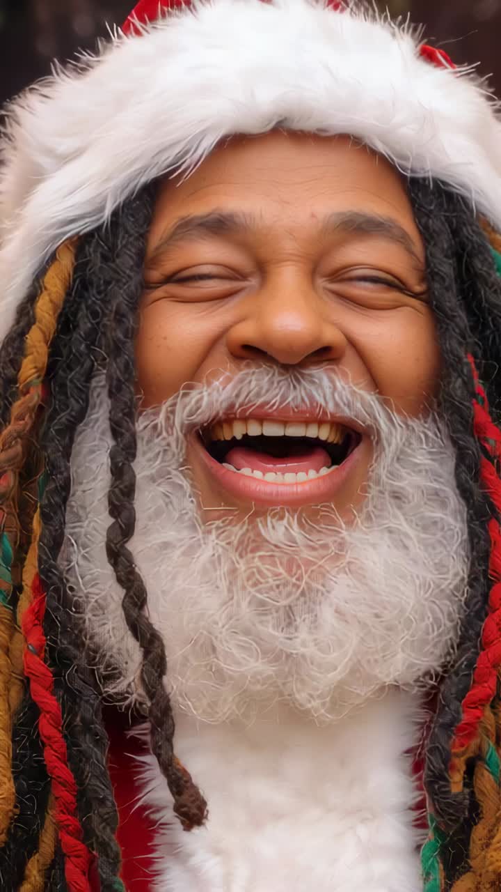 Vertical video: Laughing Santa shifting smile to big laugh in closeup, festive fur hat, beard