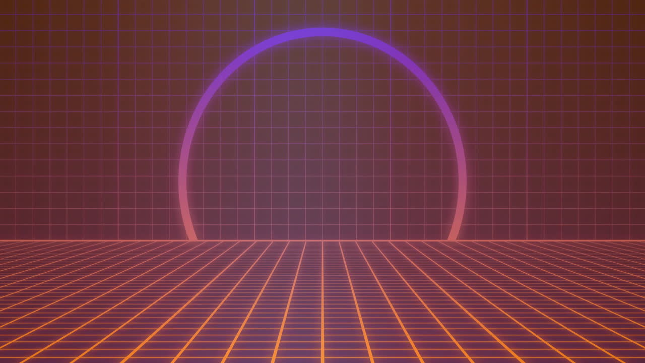 synthwave neon grid floor facing glowing semi-circular arc, colors pulsing from magenta to purple