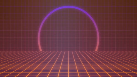 synthwave neon grid floor facing glowing semi-circular arc, colors pulsing from magenta to purple