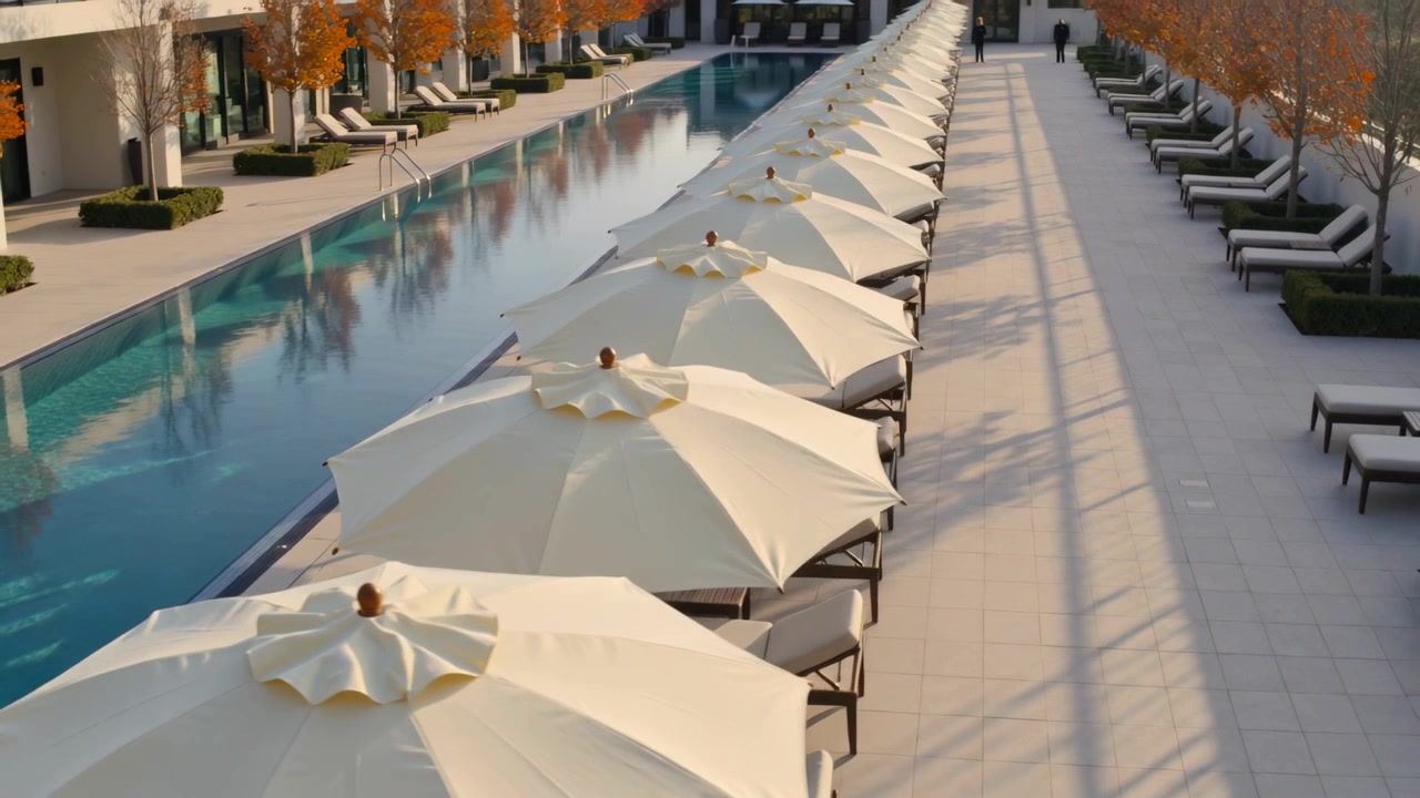 Panning camera sweeping along cream parasols, sunbeds poolside, revealing walker in dark clothes