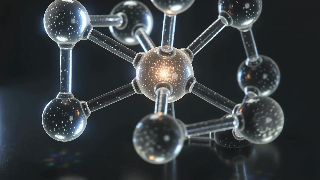 Pulling back camera showing glass molecule rotating on glossy table to reveal inner glow, bubbles
