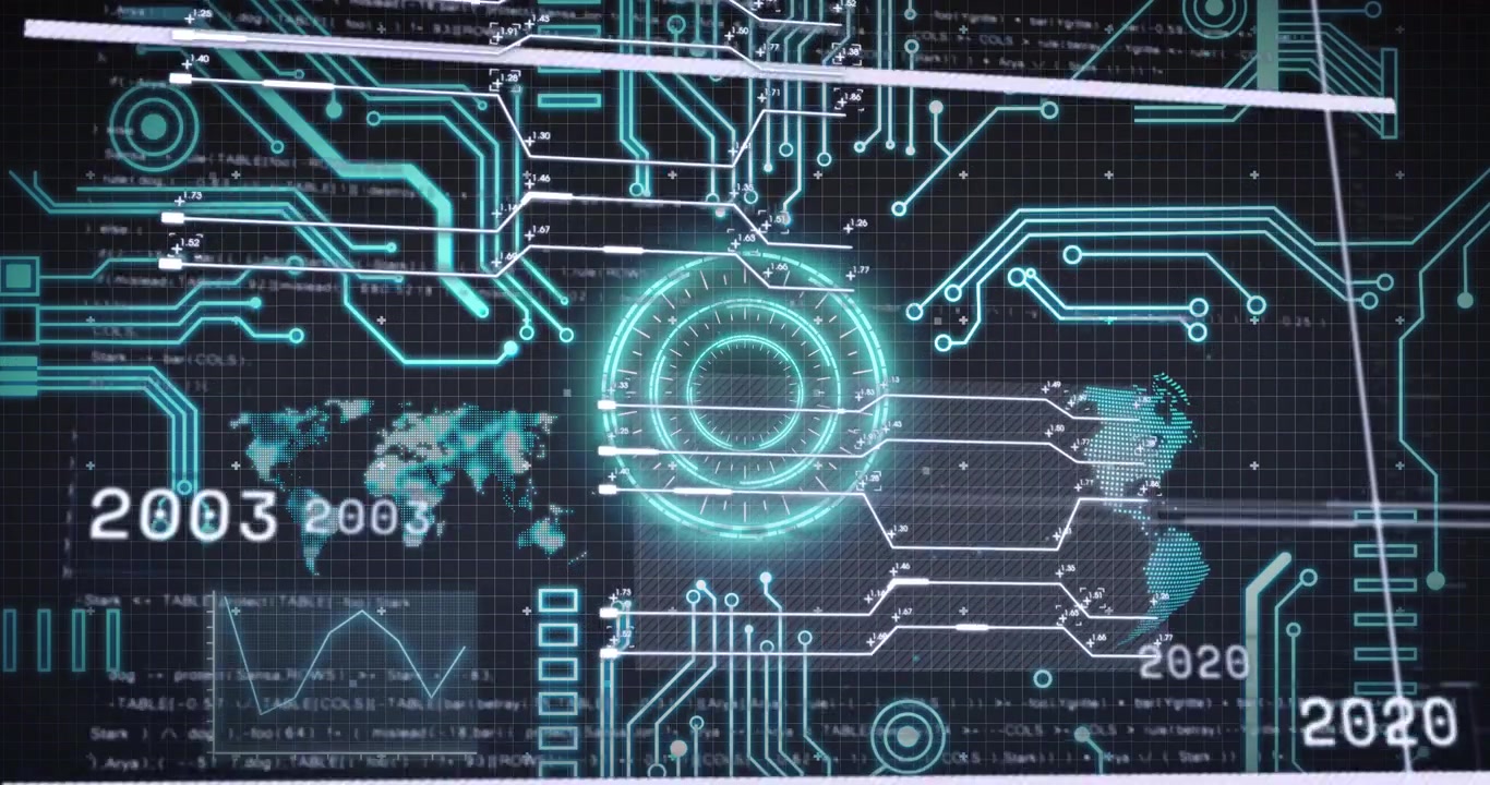 Scanner sweeping, central glowing ring pulsing, traces linking globe and map for timeline data