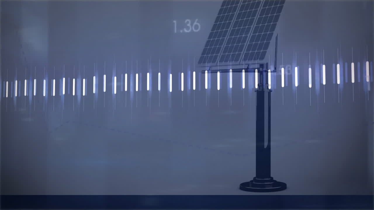 Solar panel with digital sound wave animation over blue background