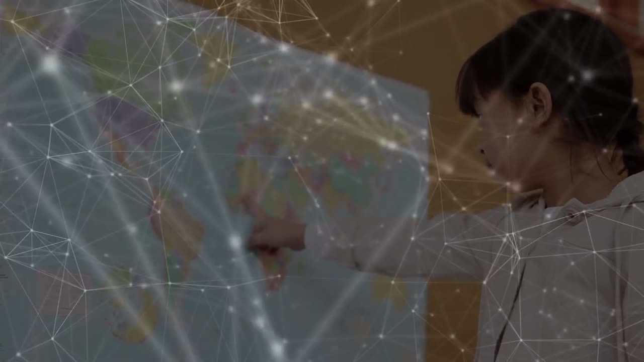 배경 에 연결 된 점 들 의 웹 위 에 있는 소녀 의 애니메이션