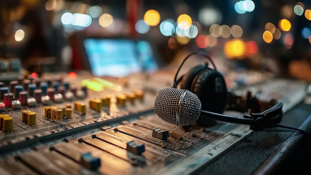An Intimate Look at the Heart of Music Production: A Close-Up of a Microphone and Mixing Console with Colorful Controls and Blurred Lights in a Studio Setting
