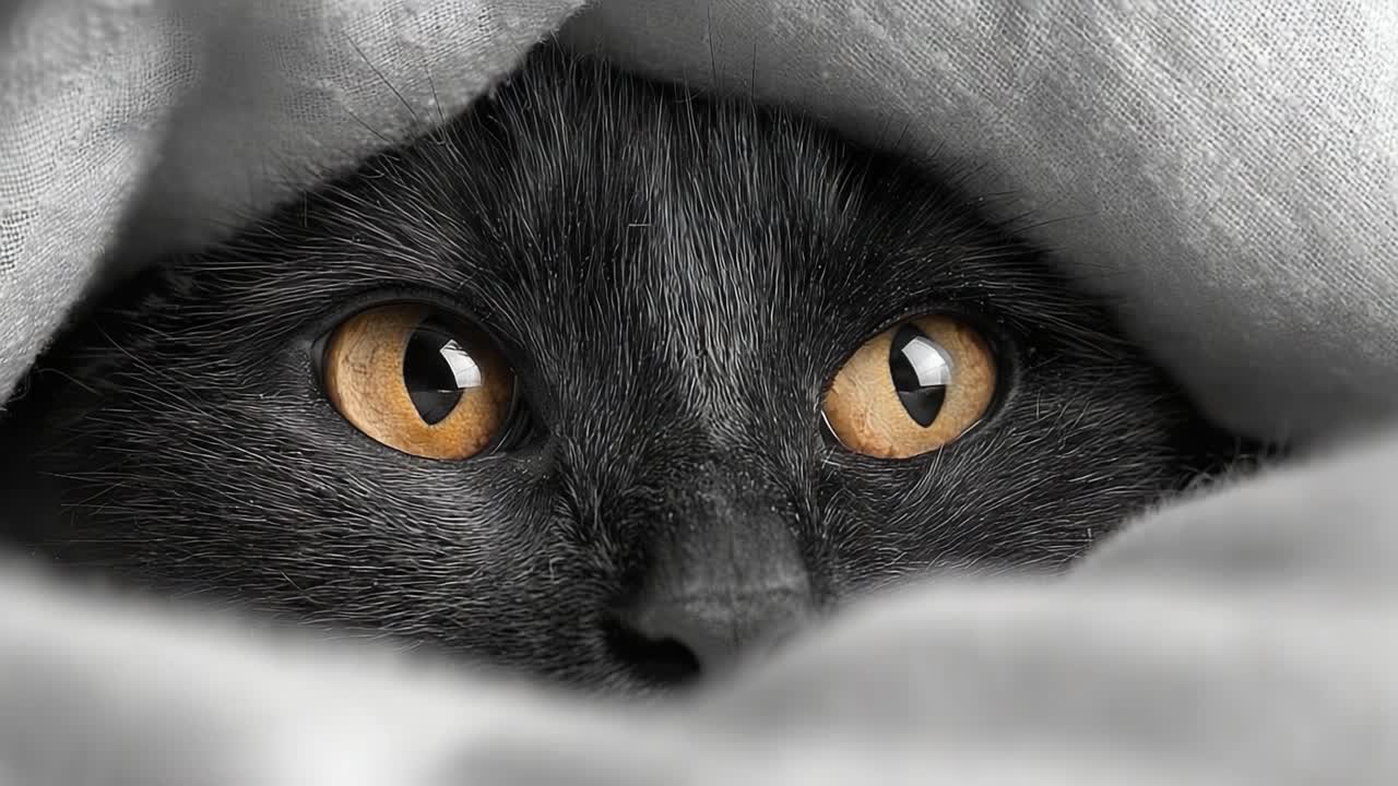 Et glimt inn i den nysgjerrige verdenen til en skjult katt: Fengslende portrett av intense øyne som kikker frem under myke, koselige teppelag med spennende uttrykk.