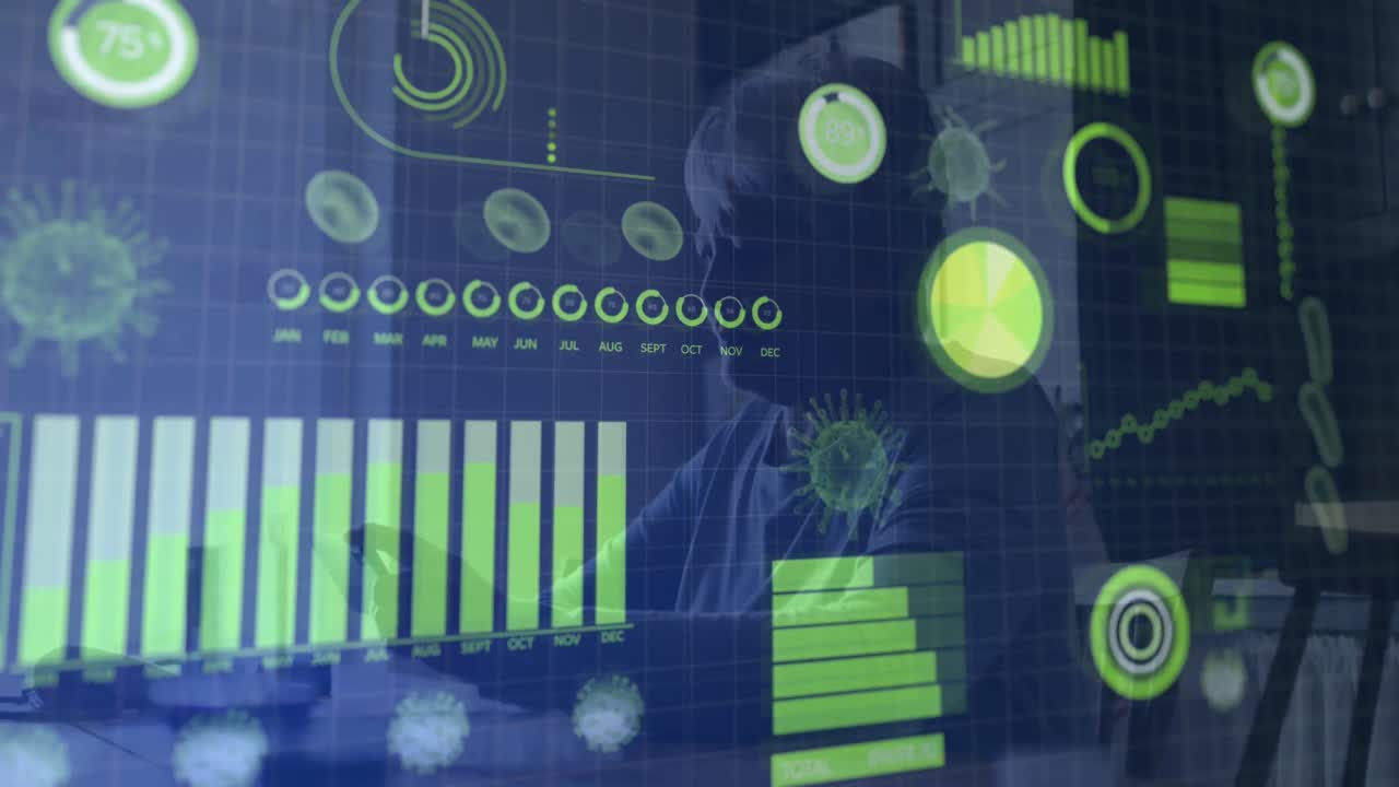 Animation of data processing and covid 19 virus cells over woman using smartphone