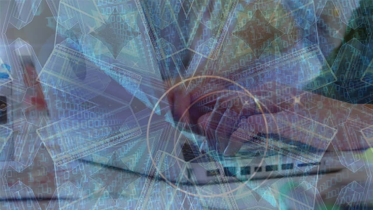 animación de patrón caleidoscópico y codificación binaria sobre la sección media de un niño usando una computadora portátil en la escuela