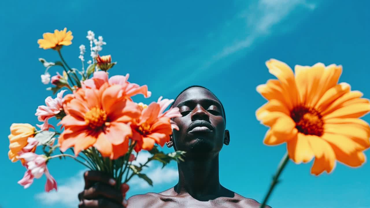Homme avec des fleurs sous un ciel ensoleillé