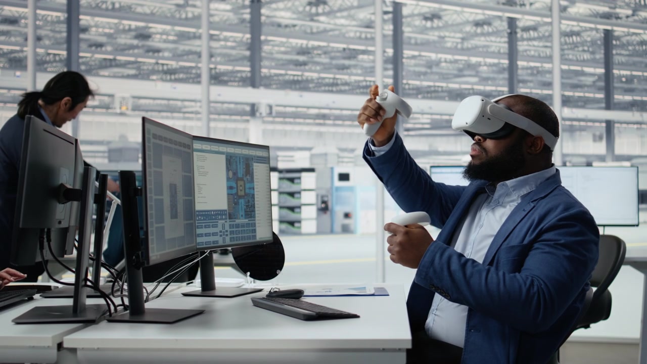 African American Man Using VR Headset and Controllers in Modern Office