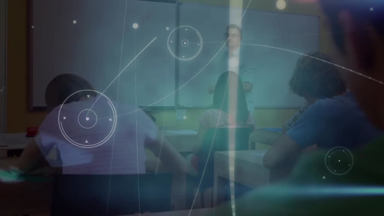 다양한 학생들과 함께 백인 교사에 대한 데이터 처리 애니메이션