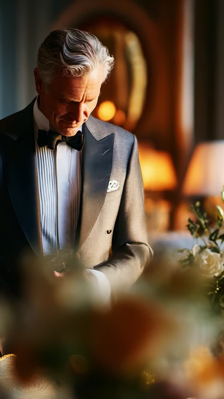 Elegant Man in Formal Attire: A Portrait of Dignity and Class Captured in Moments of Reflection and Sophistication Amidst a Luxurious Ambiance