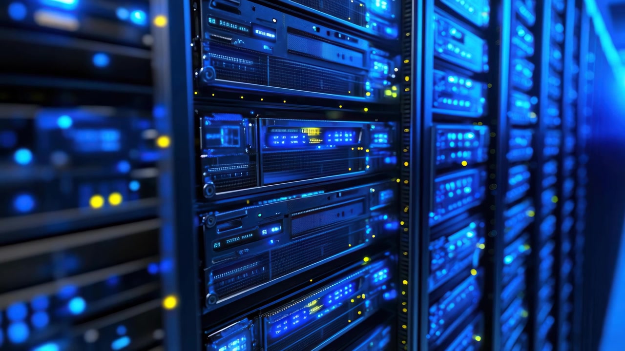 Rows of Server Racks with Blinking Lights in a Modern Data Center