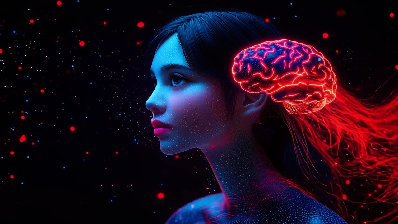 Abstract thought and emotion. A glowing brain illustration against a dark cosmic backdrop highlights the link between mind and emotion.