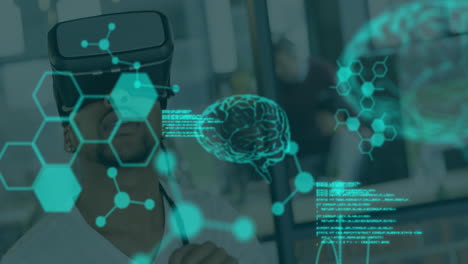 animación de datos científicos sobre el hombre biracial que usa auriculares vr en la oficina