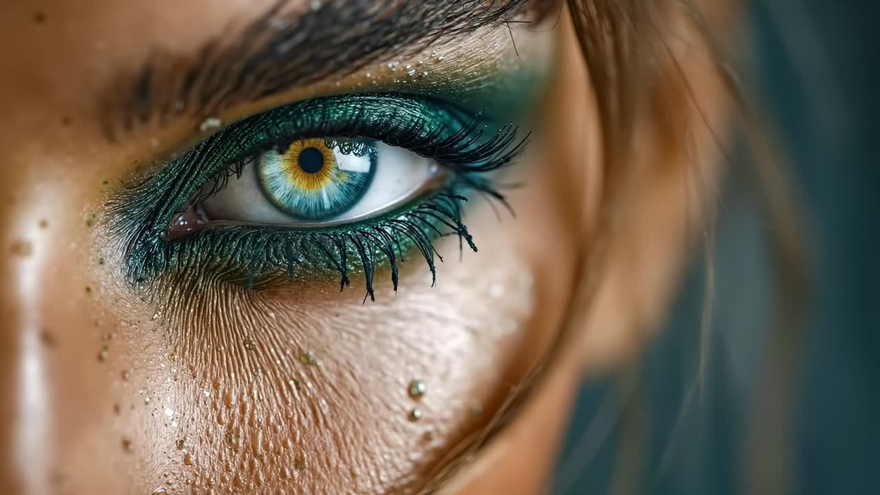 A close up of a woman's eye with green makeup
