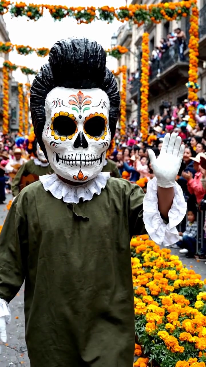 Persona con maschera calavera che saluta durante la parata del Giorno dei Morti