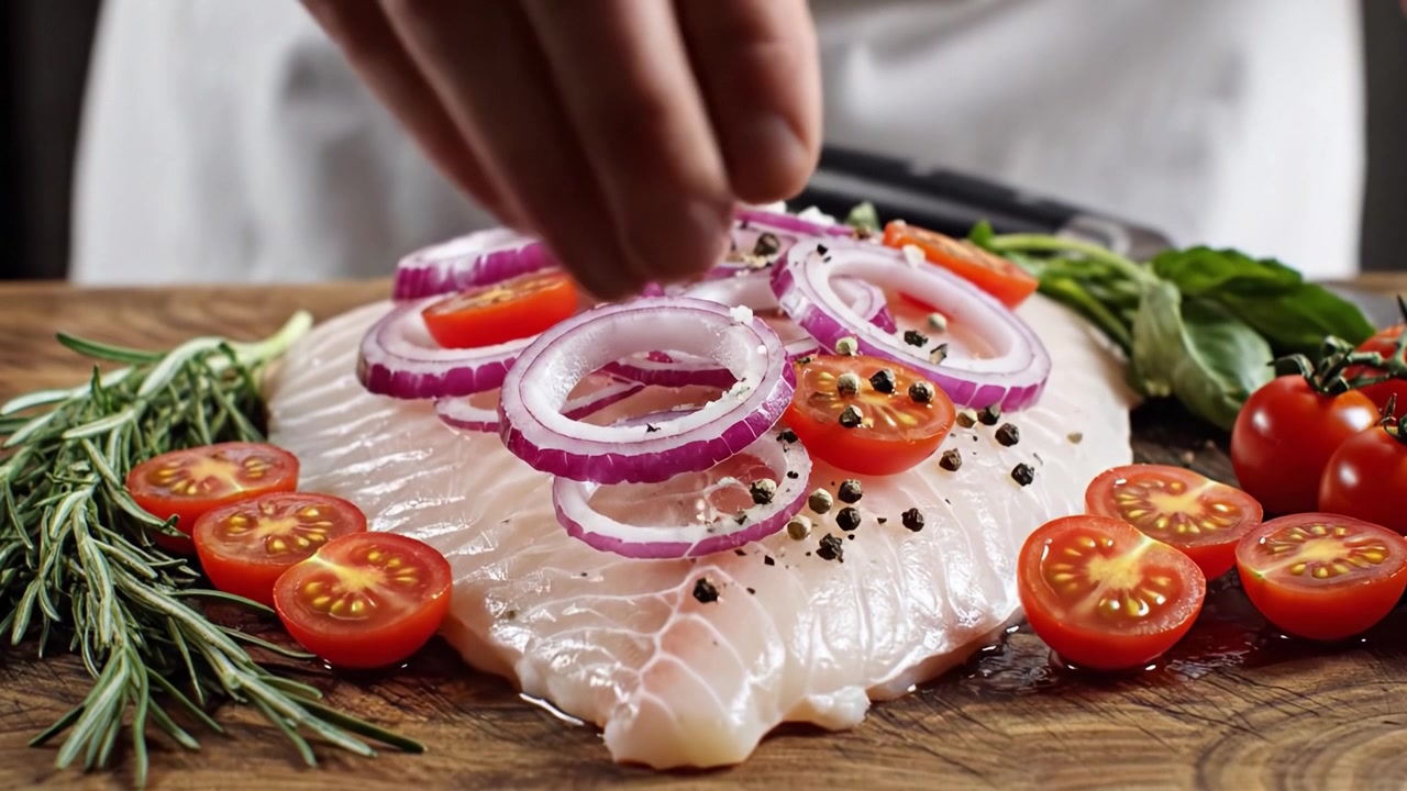 Zubereitung eines köstlichen Meeresfrüchtegerichts: Frischer Fisch mit geschnittenen Zwiebeln und Kirschtomaten, beträufelt mit Olivenöl und garniert mit Kräutern