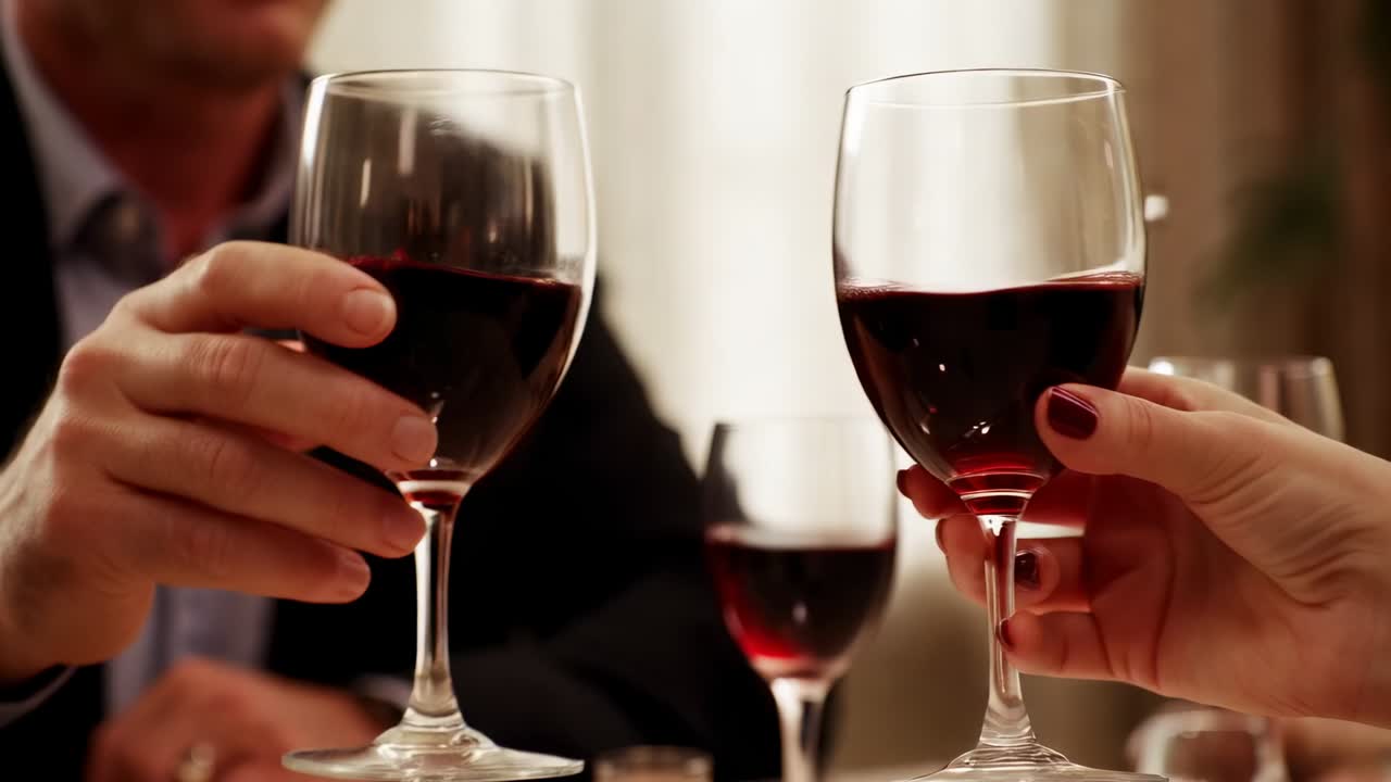 Raising two adults' hands clinking red wine glasses at dining table, man in dark jacket toasting