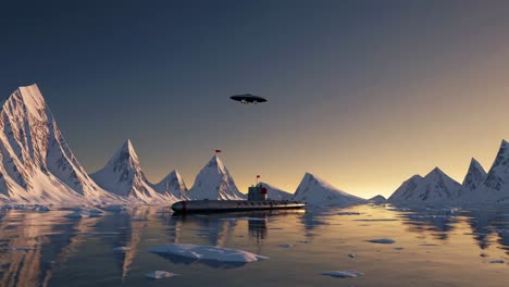 submarino y ovni en el paisaje ártico al atardecer