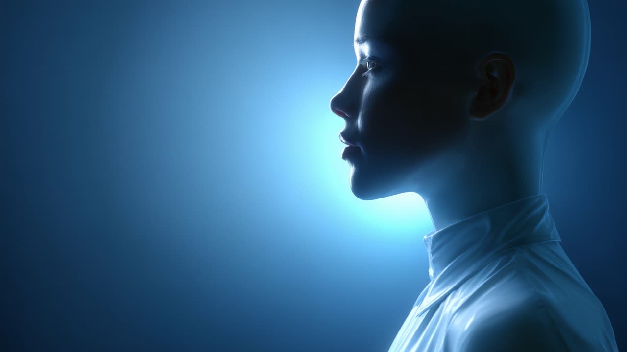 A Futuristic Display of a Profile View of a Faceless Human-like Figure Set Against a Captivating Blue Light Background, Emphasizing the Intriguing Form and Aesthetics