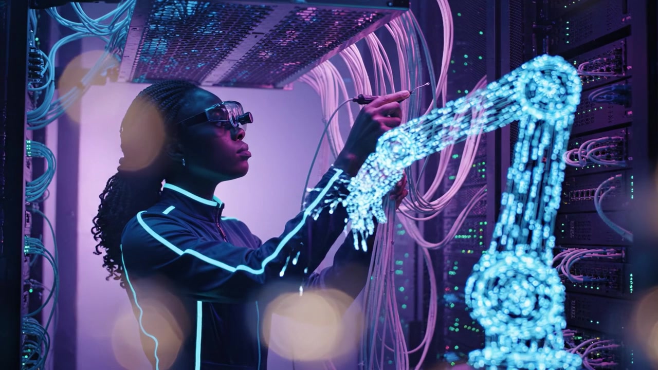 Innovative Engineer Integrates Advanced Technology with Interactive Robotic System in a High-Tech Environment, Showcasing Future Automation and Connectivity