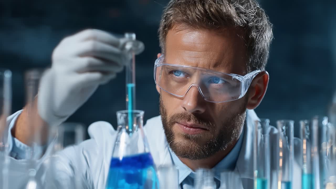 A focused scientist carefully conducts an experiment in a laboratory, observing the precise chemical reaction occurring in the flask while wearing protective eyewear and gloves