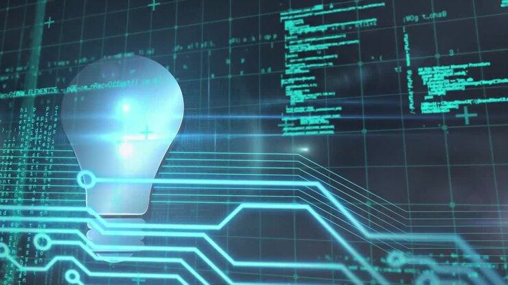 Digital animation of bulb icon and microprocessor connections against data processing on black backg