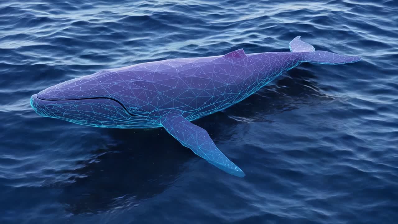 A Stunning Render of a Whale in a Digital Environment, Featuring Geometric Patterns and Rich Ocean Colors for a Unique Visual Experience