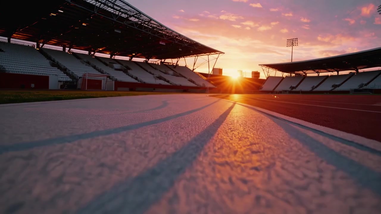 夕暮れ時の無人のスタジアムの陸上トラックのローアングル