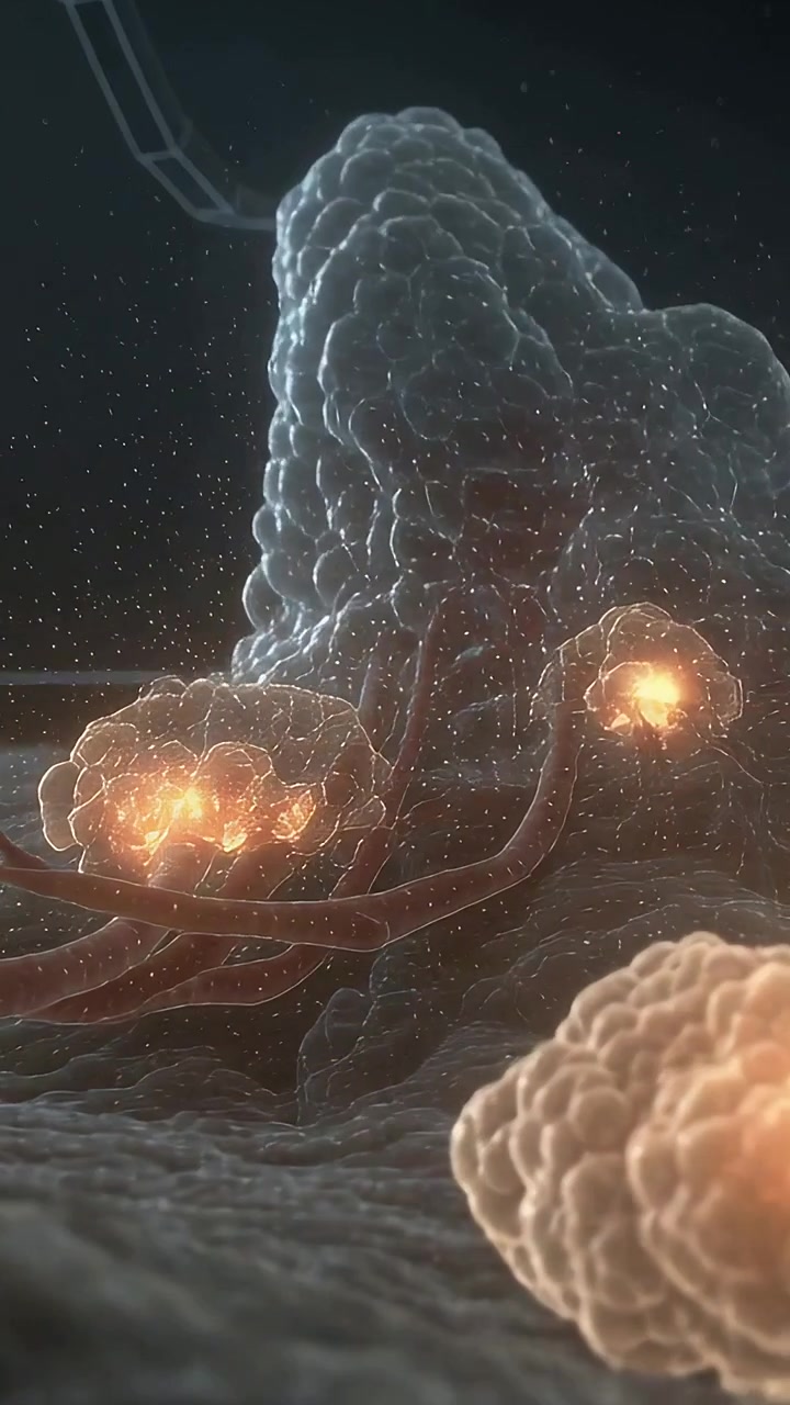 Vertical video: Moving cam showing lobed mass in cells for study, pulsing cores and spreading tubes