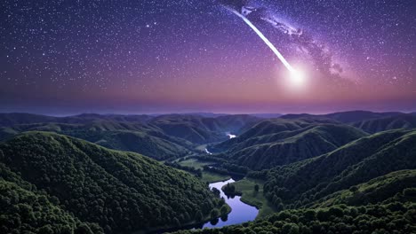 night sky over a valley with a comet