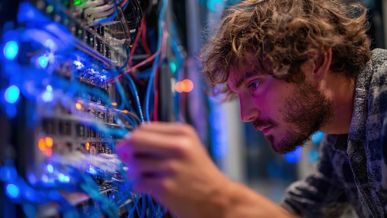 A focused technician meticulously examines and manages the intricate network cables and circuitry of a server room, ensuring optimal performance and connectivity