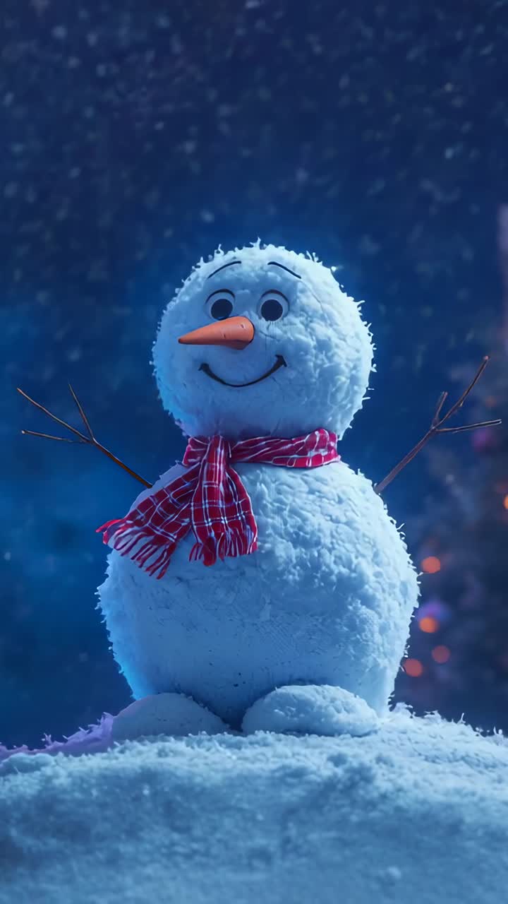 Vertical video: Falling snowflakes thickening around snowman on snowy hill, with red scarf