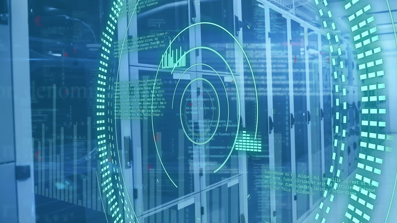 Animation of graphs, loading circles and computer language over data server room