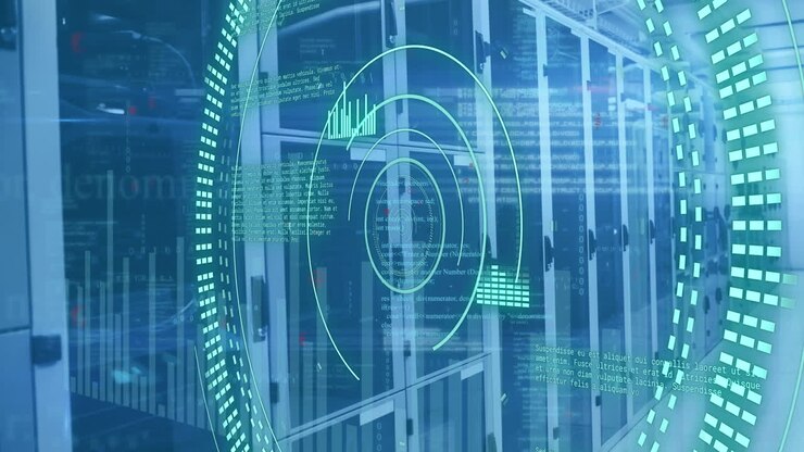 Animation of graphs, loading circles and computer language over data server room