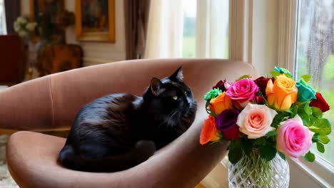 black cat relaxing by a bouquet of roses in a living room