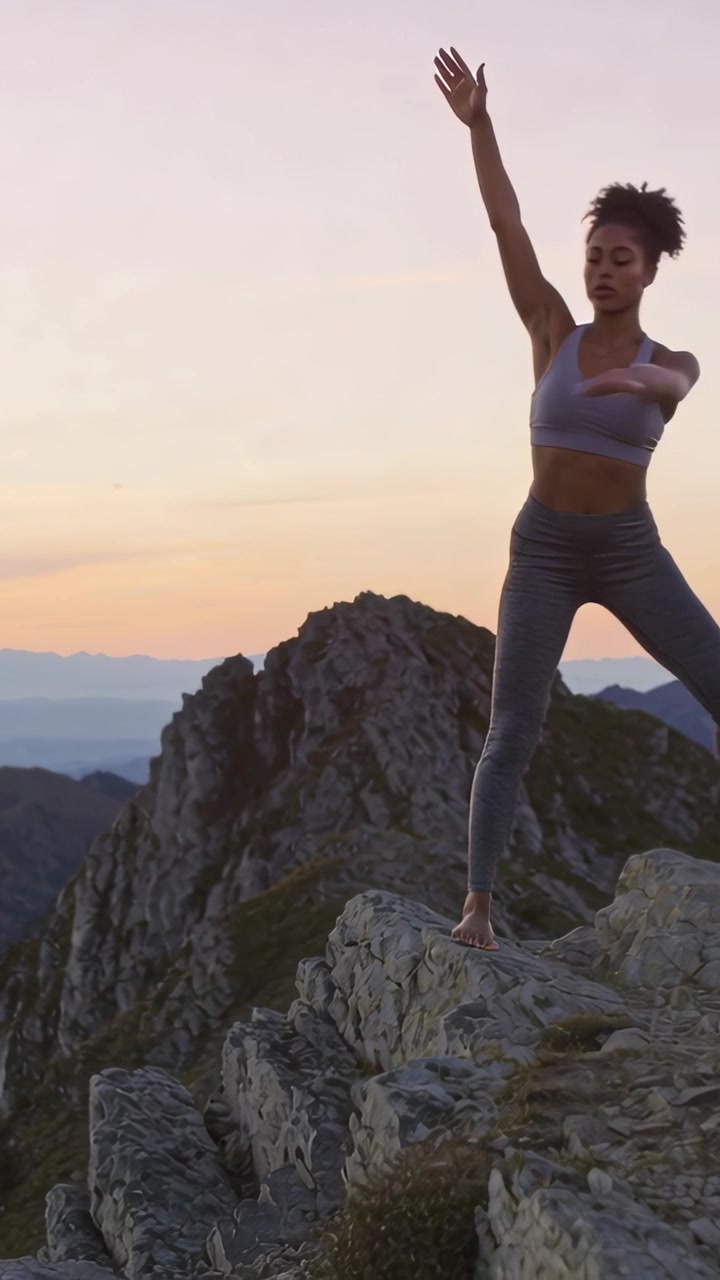 Video verticale: Al tramonto, yogi in leggings che pratica l'equilibrio in piedi sul bordo di una scogliera, spazio per il testo.