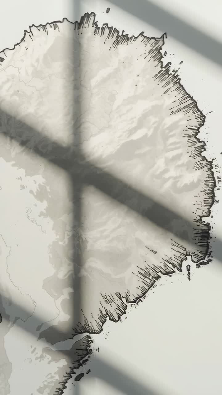 Vertical video: Sliding paned window shadow crossing printed map on pale tabletop, sunlight moving