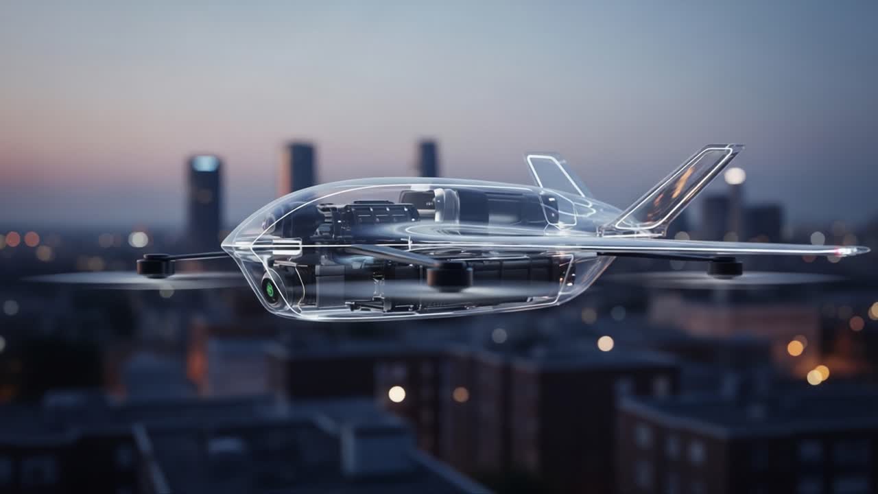 A futuristic transparent aircraft design, showcasing advanced technology and innovative engineering against an urban skyline at dusk, capturing the essence of modern transportation and aerodynamics