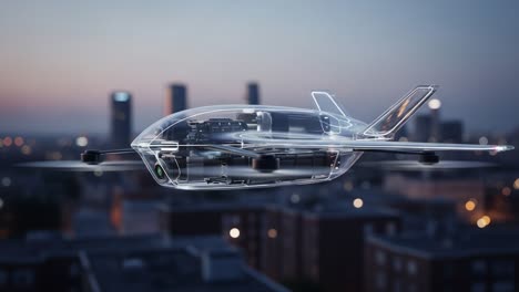 a futuristic transparent aircraft design, showcasing advanced technology and innovative engineering against an urban skyline at dusk, capturing the essence of modern transportation and aerodynamics